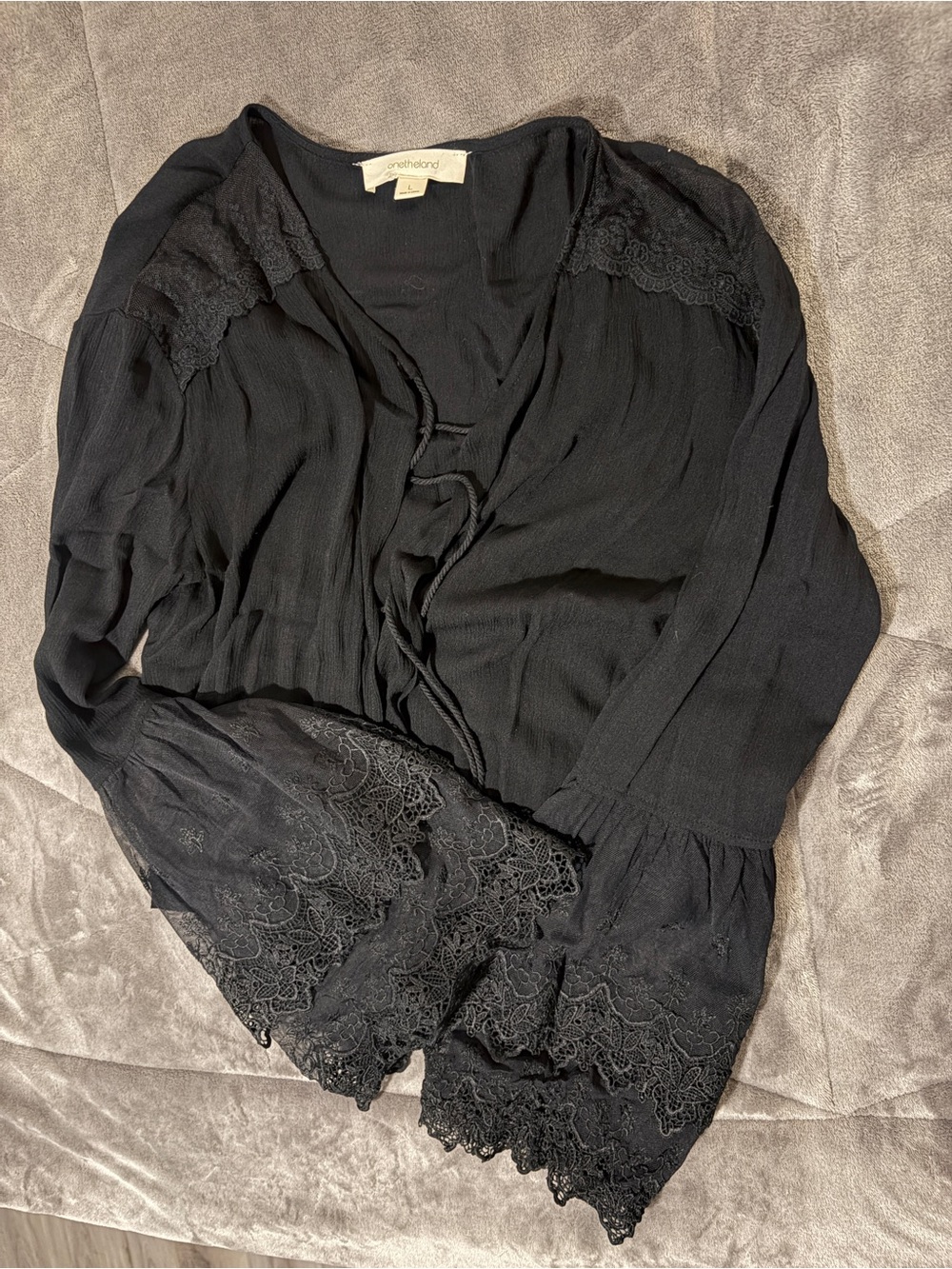 Velvet by Graham & Spencer Black Lace-Trim V-Neck Blouse